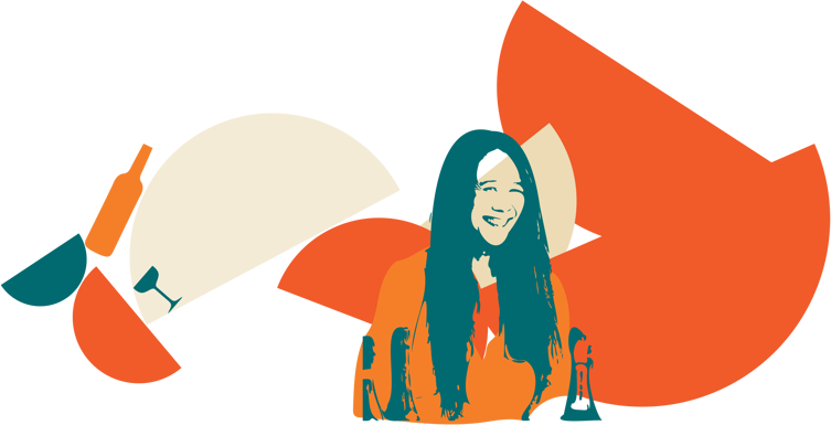 queena wong with a bottle of champagne